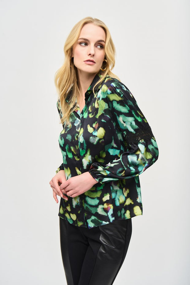 Satin Abstract Print Button-Down Blouse