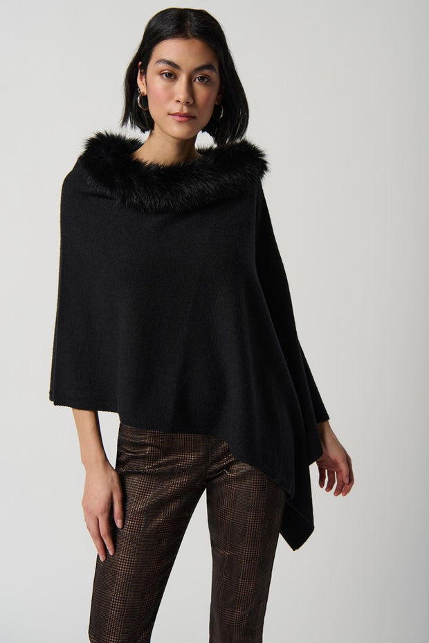 Sweater Knit Poncho With Faux Fur Crewneck