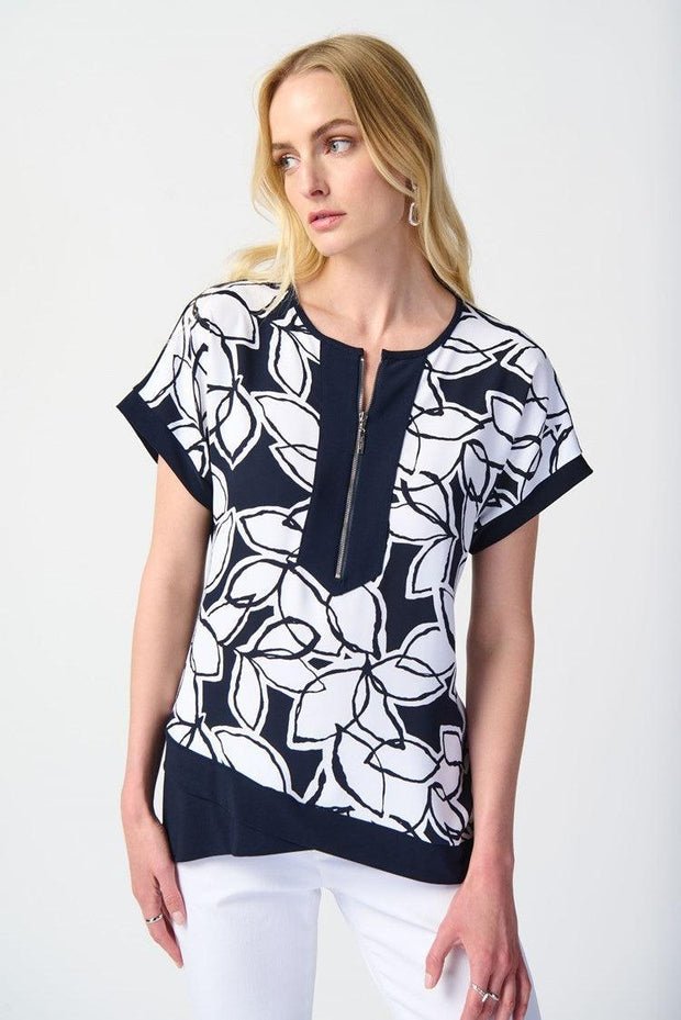 Leaf Print Woven Top With Knit Back
