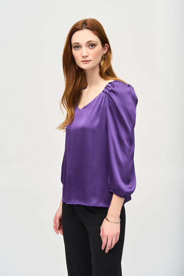 Satin Straight Top With Puff Sleeves