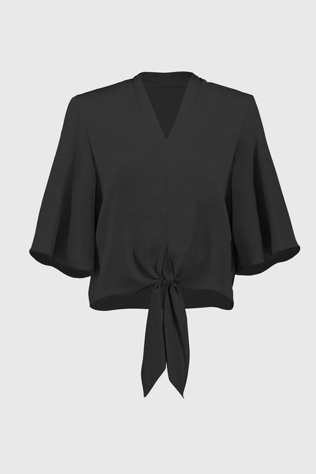 Satin V-Neck Top with Front Tie