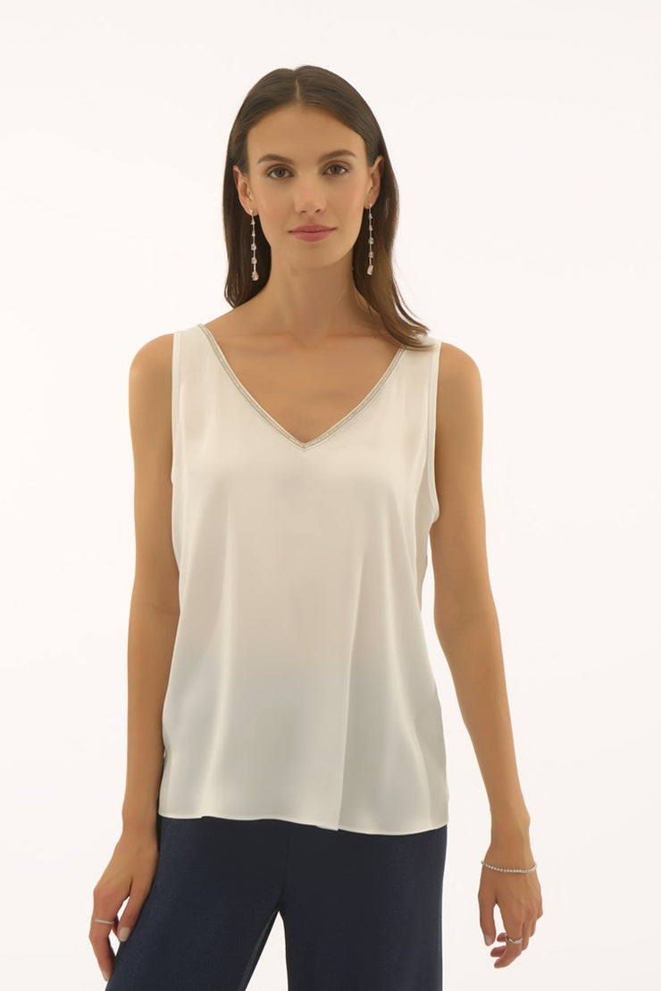 Signature | Satin Sleeveless Top with Rhinestone Trim