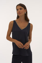 Signature | Satin Sleeveless Top with Rhinestone Trim