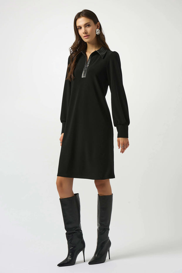 Silky Knit & Leatherette Trapeze Dress