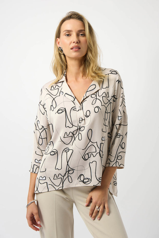 Hammered Satin Abstract Face Print Boxy Top