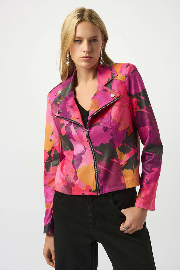 Foiled Faux Suede Abstract Print Fitted Jacket