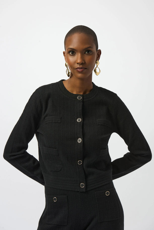 Sweater Knit Crew Neck Button-Front Jacket