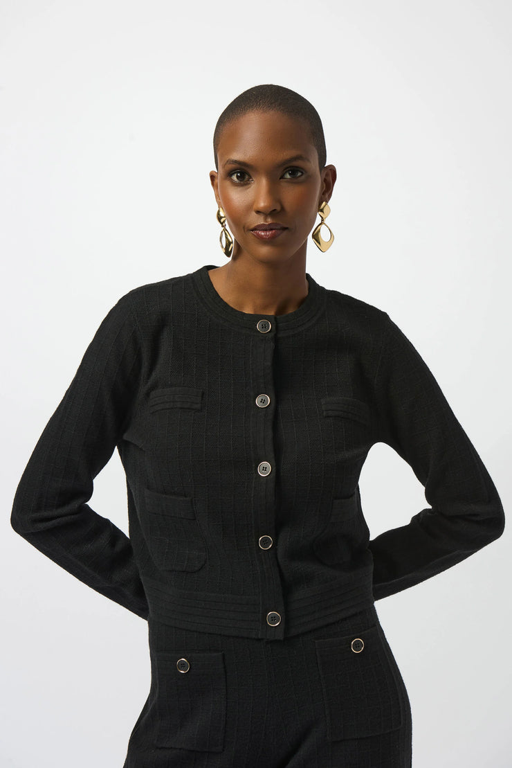 Sweater Knit Crew Neck Button-Front Jacket