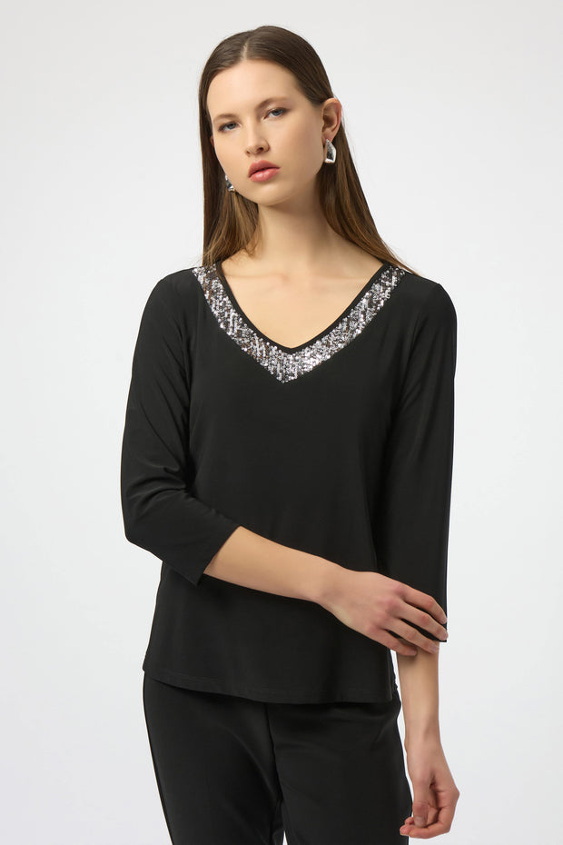 Silky Knit Straight Top With Sequins Detail