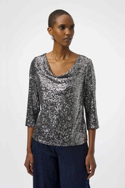 Sequined Knit and Silky Knit Straight Top