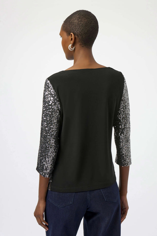 Sequined Knit and Silky Knit Straight Top