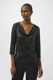 Sequined Knit and Silky Knit Straight Top