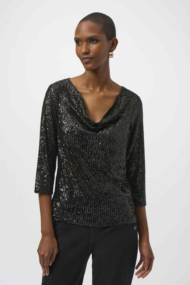 Sequined Knit and Silky Knit Straight Top