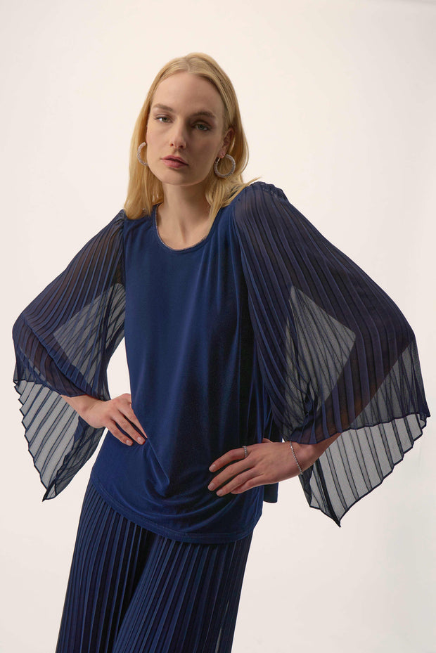 Signature | Silky Knit Straight Top with Pleated Chiffon Sleeves