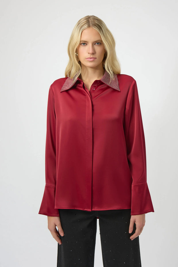 Satin Button-Front Blouse with Embellished Collar
