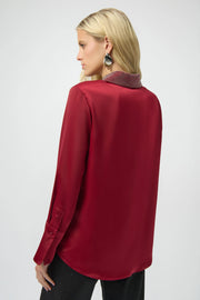 Satin Button-Front Blouse with Embellished Collar