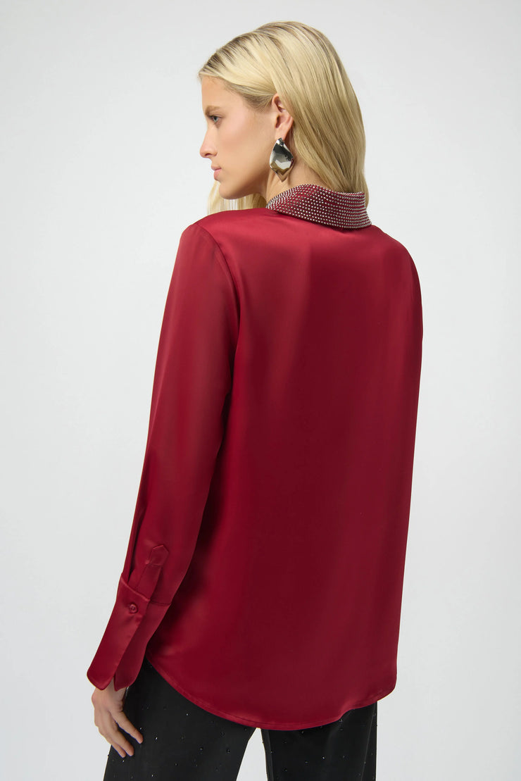 Satin Button-Front Blouse with Embellished Collar