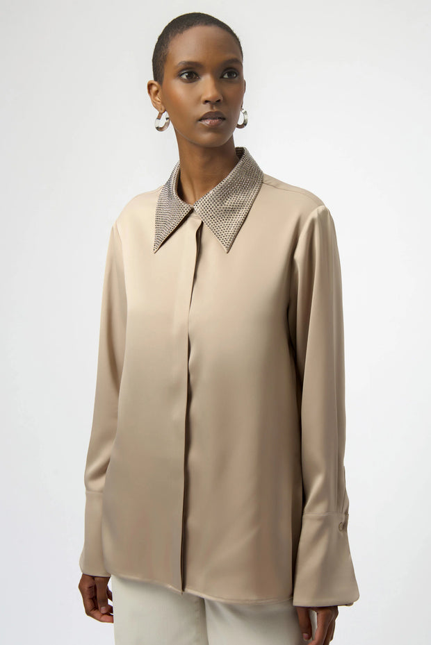Satin Button-Front Blouse with Embellished Collar