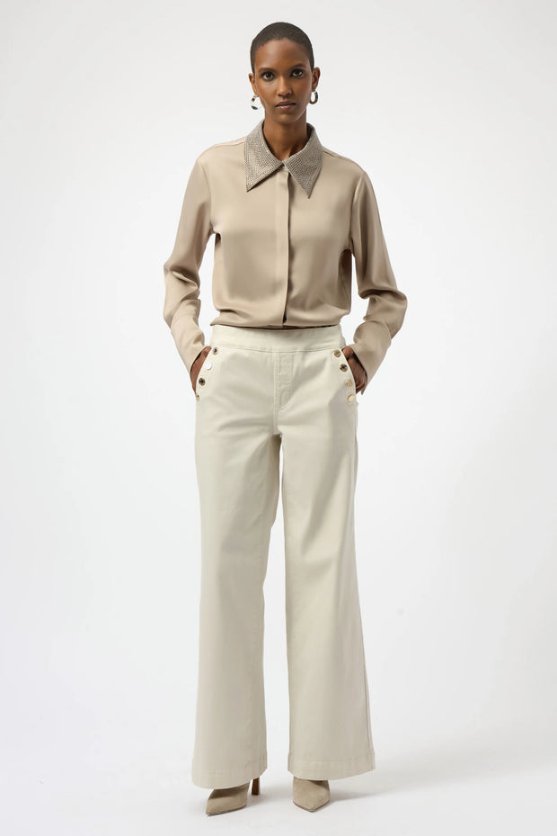 Satin Button-Front Blouse with Embellished Collar