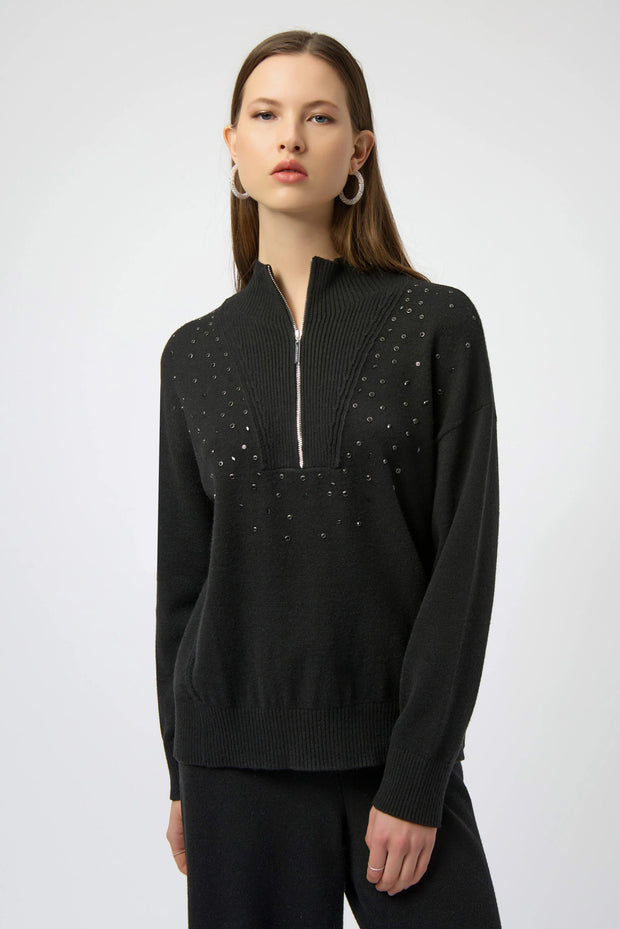 Sweater Knit Mock Neck Pullover with Rhinestones