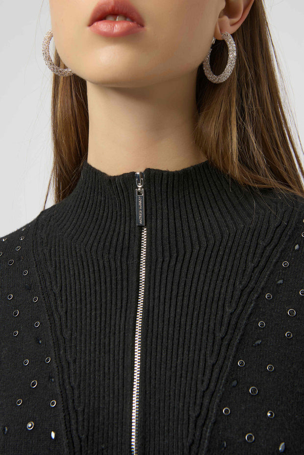 Sweater Knit Mock Neck Pullover with Rhinestones