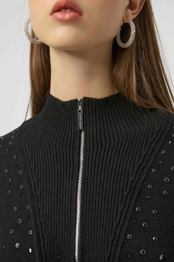 Sweater Knit Mock Neck Pullover with Rhinestones