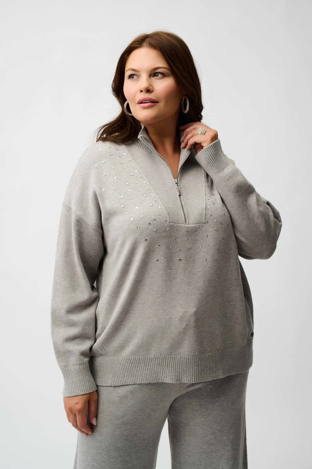Sweater Knit Mock Neck Pullover with Rhinestones