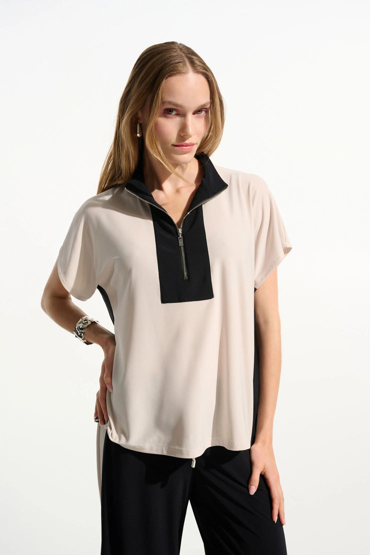 Silky Knit Color Block Straight Top With Zipped Collar