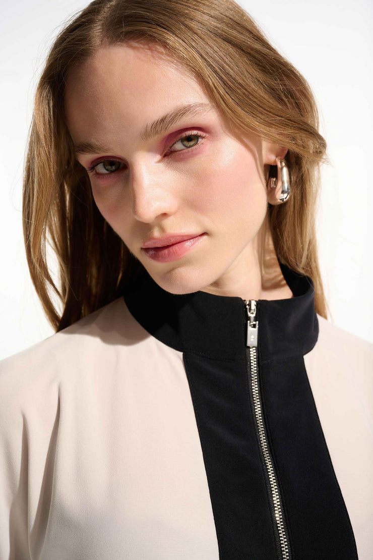 Silky Knit Color Block Straight Top With Zipped Collar