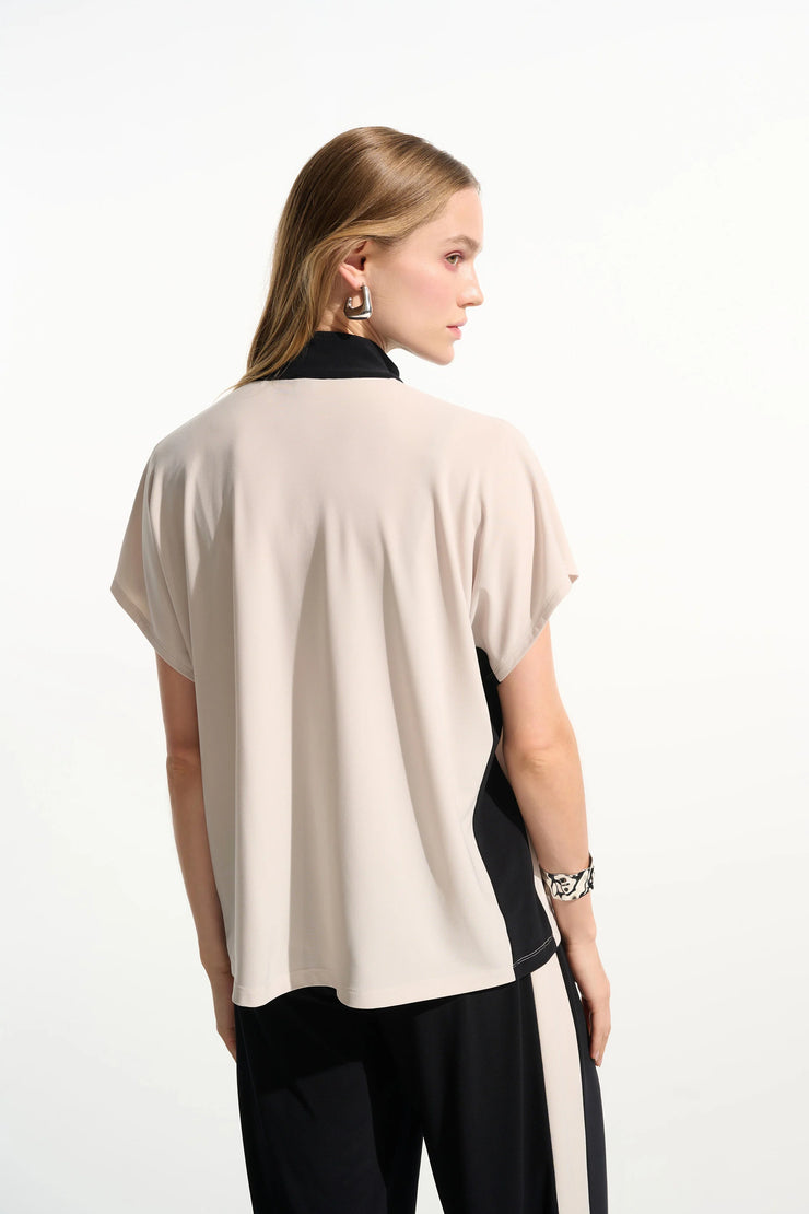 Silky Knit Color Block Straight Top With Zipped Collar