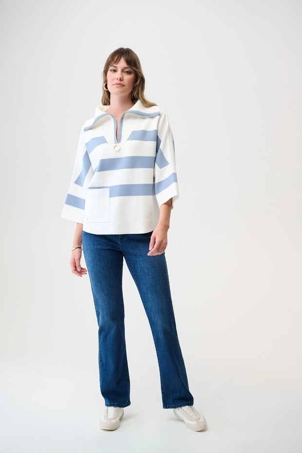 Brushed Viscose Stripe Print Boxy Sweater with Zipped Collar