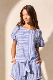 Linen Blend Tie-Front Blouse With Frilled Sleeves