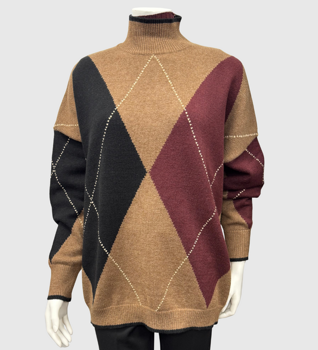 Oversized Mock Neck Argyle Sweater