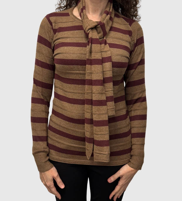 Striped Crew Sweater with Scarf