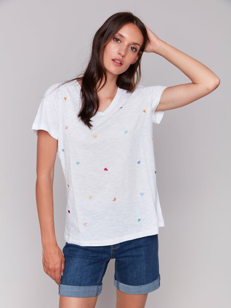 V-Neck T-Shirt with Hearts