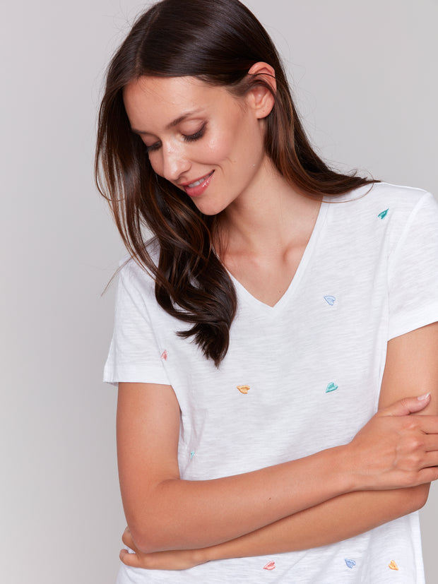 V-Neck T-Shirt with Hearts