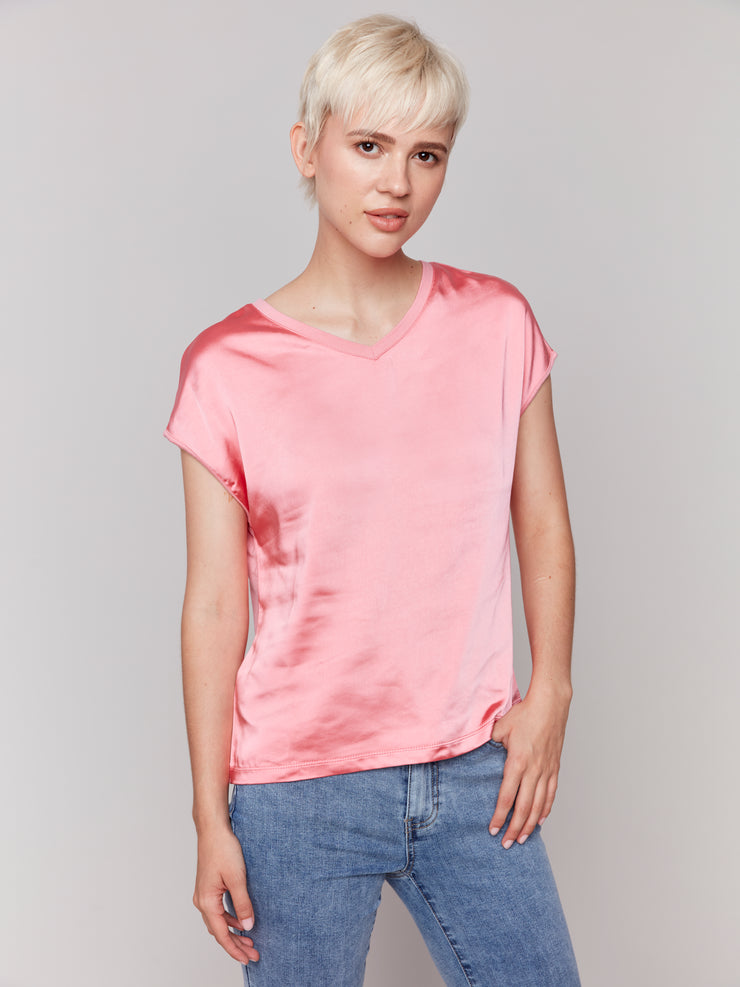 V-Neck Satin Jersey Knit Top