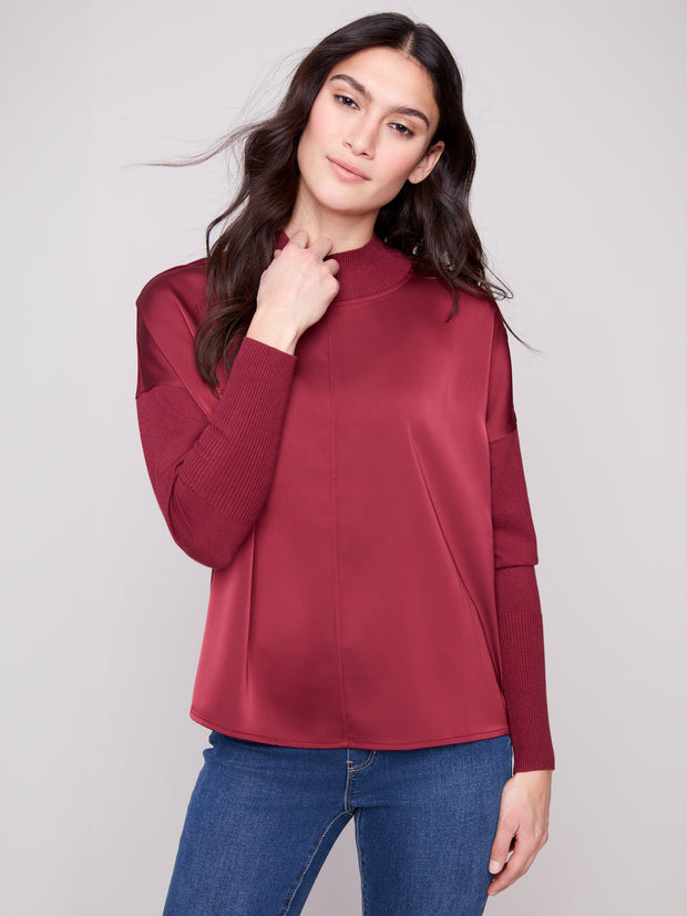 Mock Neck Satin & Knit Top