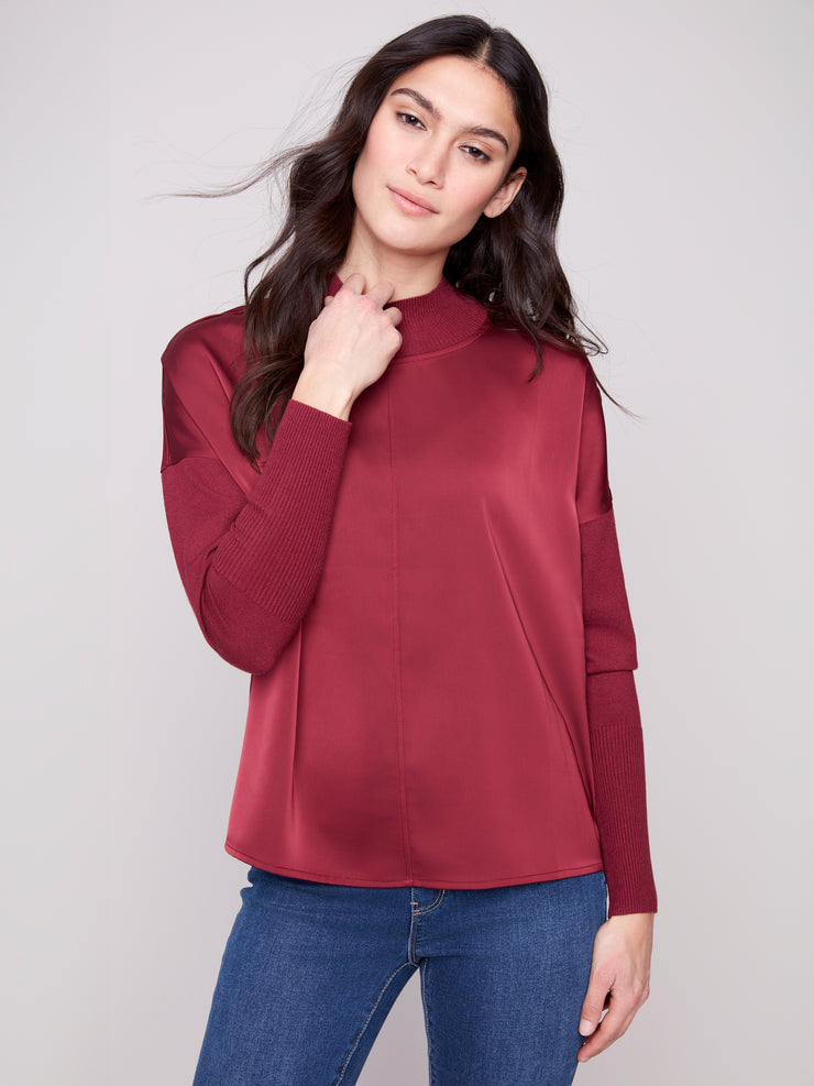 Mock Neck Satin & Knit Top