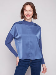 Mock Neck Satin & Knit Top