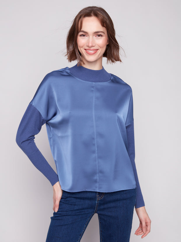 Mock Neck Satin & Knit Top