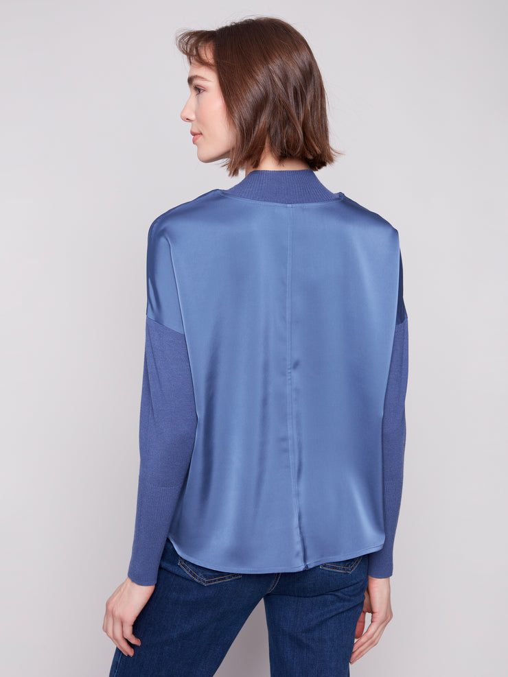 Mock Neck Satin & Knit Top
