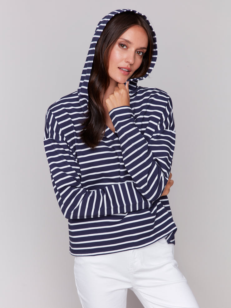 V-Neck Striped Hooded Top