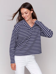 V-Neck Striped Hooded Top