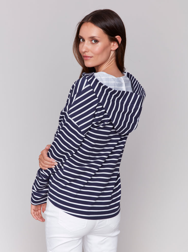 V-Neck Striped Hooded Top