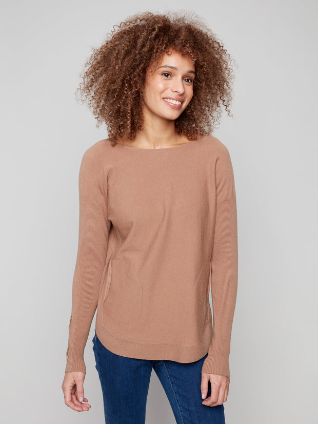 Lace Up Sleeve Round Hem Sweater