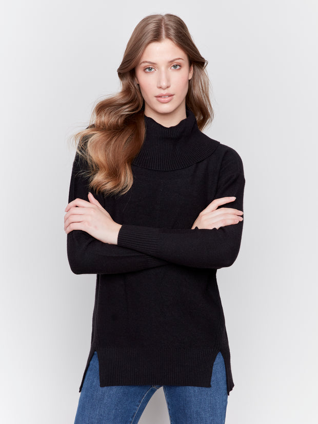 Long Side Seam Cowl Neck Sweater