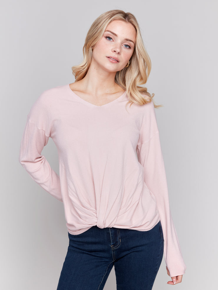 Front Knot V-Neck Sweater