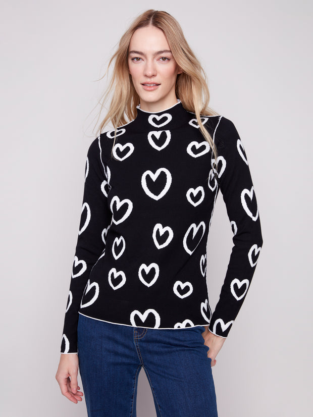 Mock Neck Reversible Heart Sweater