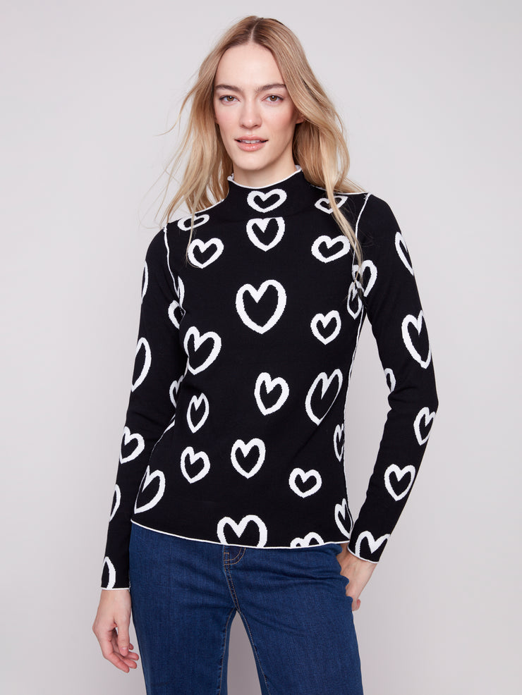 Mock Neck Reversible Heart Sweater